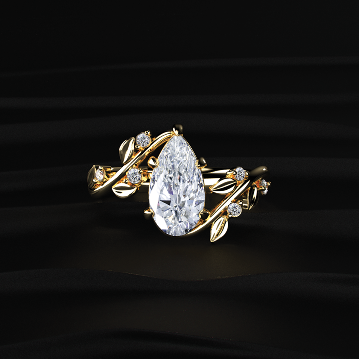 Pear Cut Diamond Ring with Leaf Design