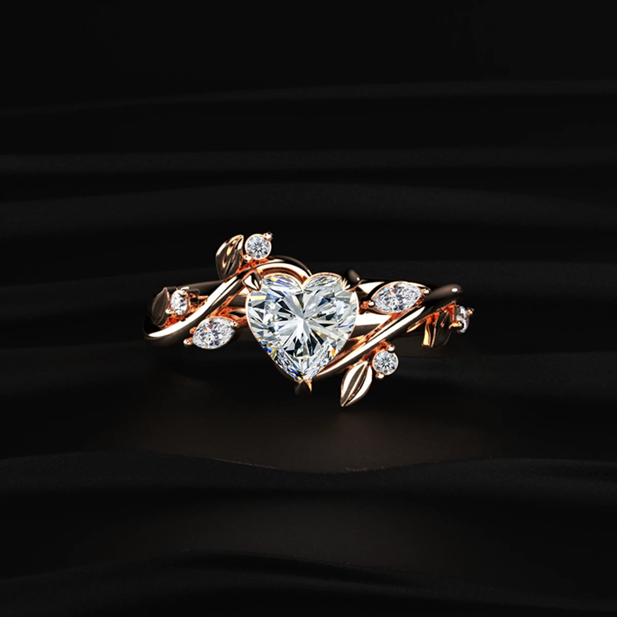 Heart Diamond Ring with Leaf Design