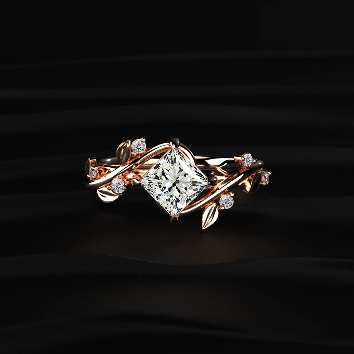 Princess Diamond Ring with Leaf Design