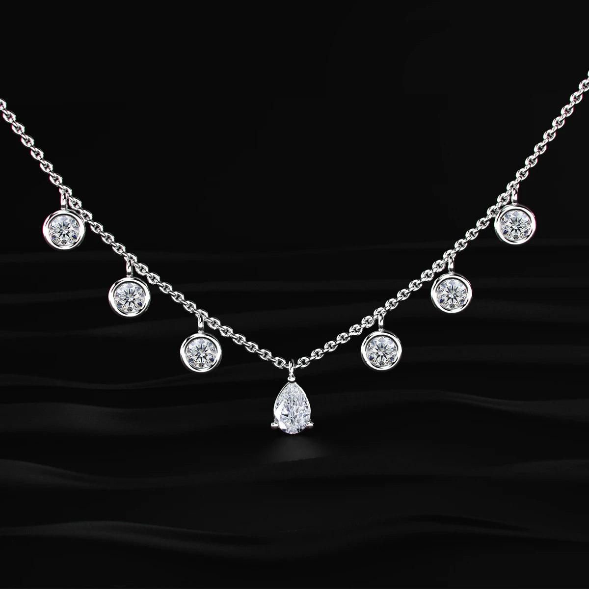Pear Shape Diamond Drop Necklace with Round Diamond Stations