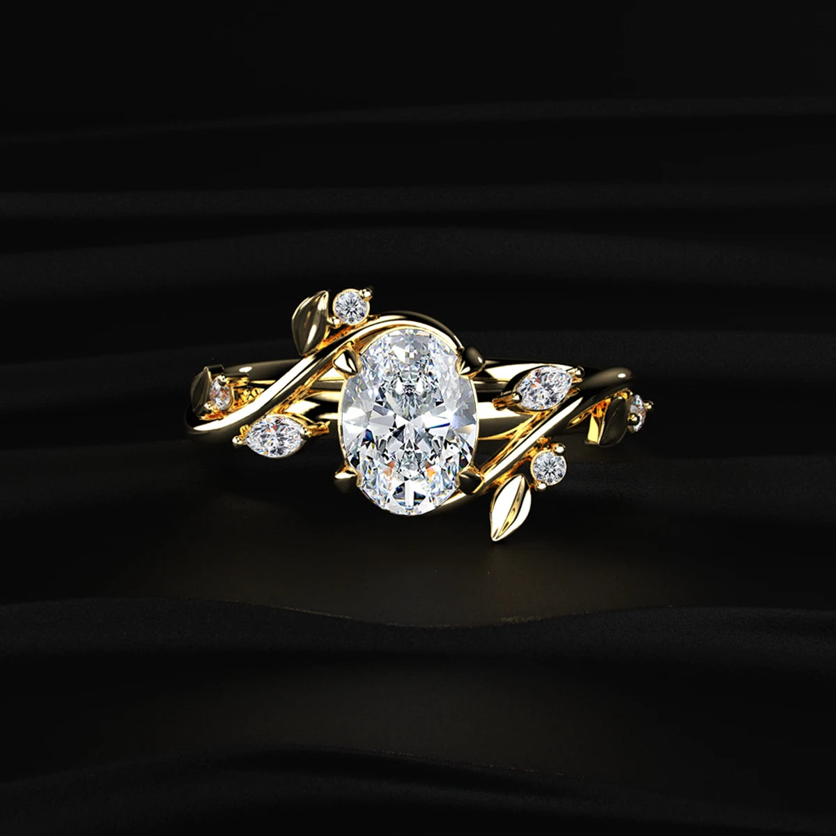 Oval Diamond Ring with Leaf Design