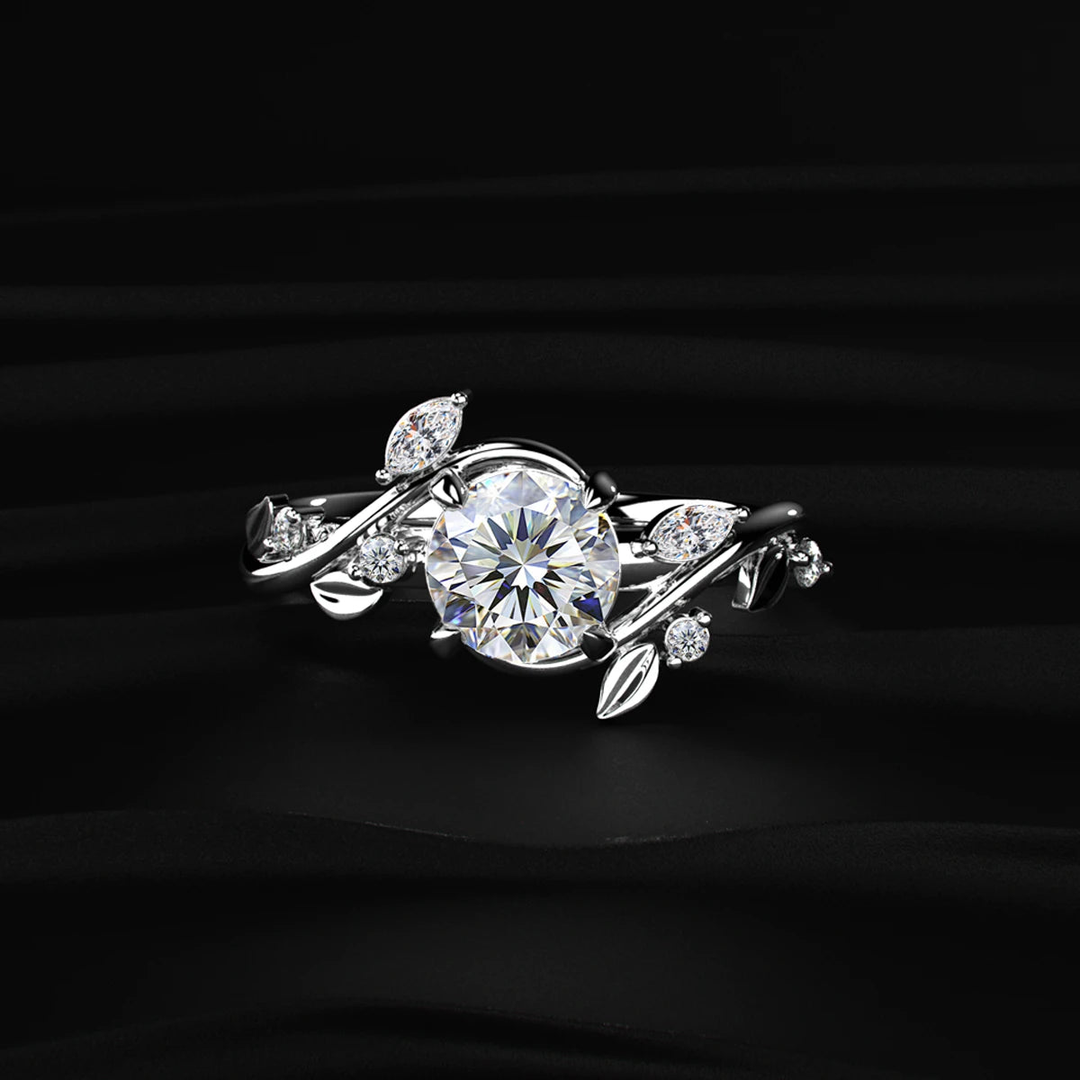 Round Cut Diamond Ring with Leaf Design