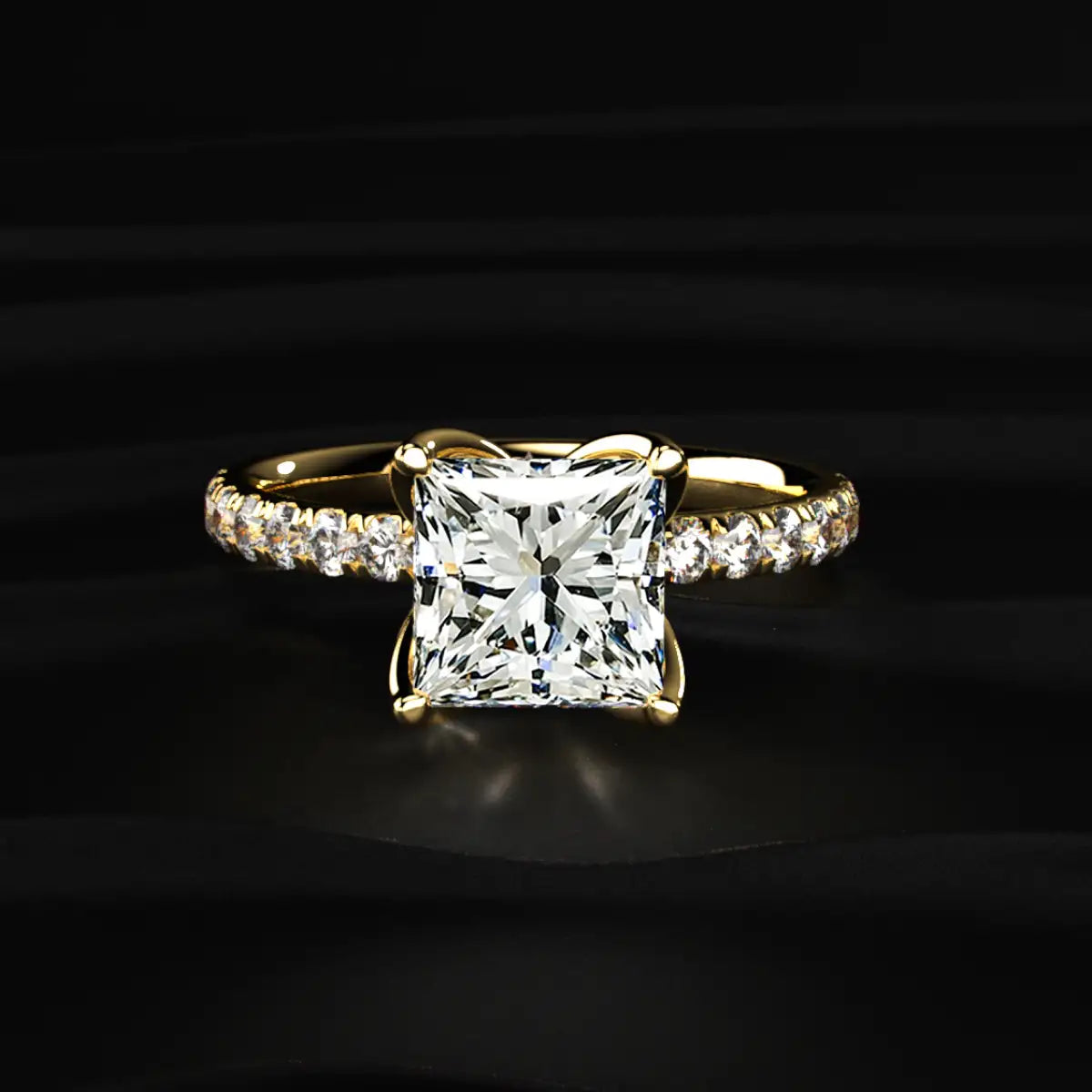 Princess Cut Solitaire Floral Ring With Pave Band | Earthly Jewels