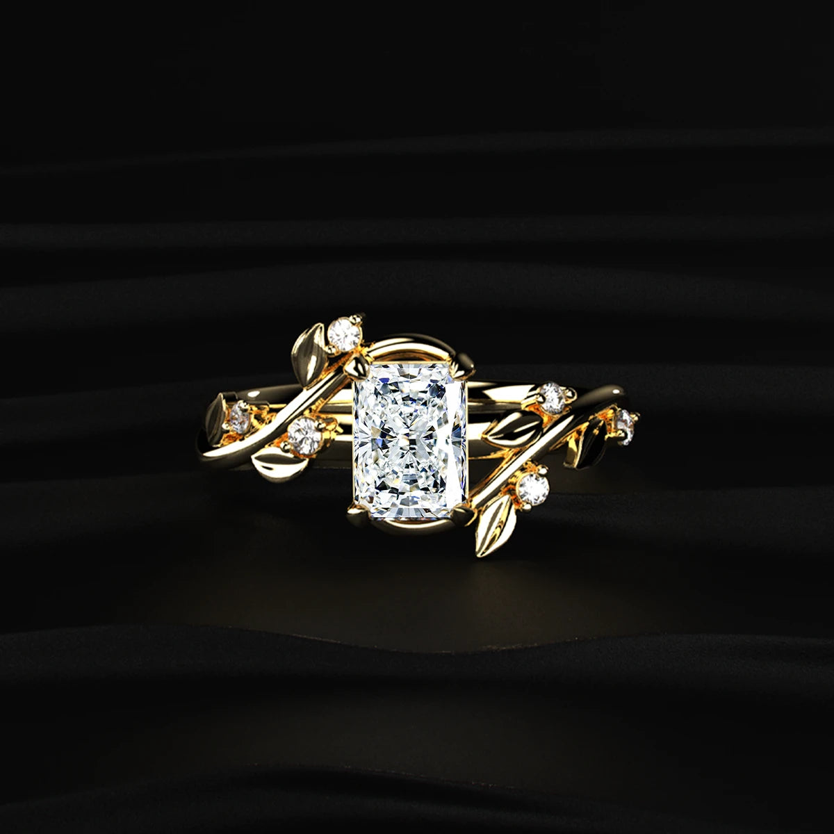 Radiant Cut Diamond Ring with Leaf Design