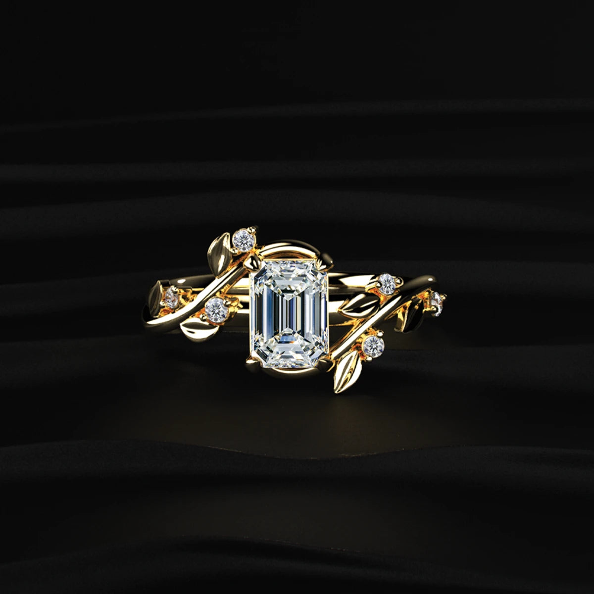 Emerald Diamond Ring with Leaf Design