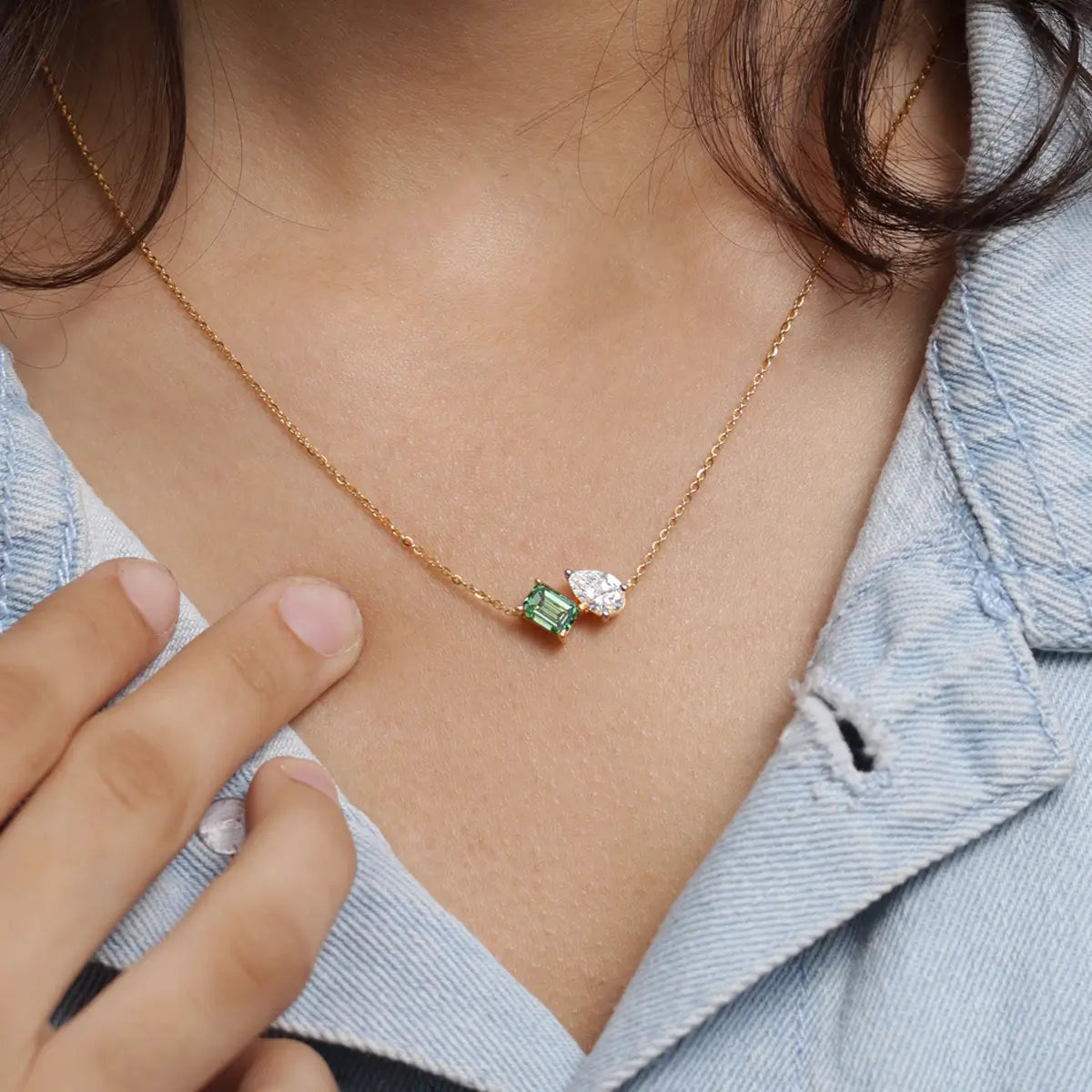 Pear And Green Emerald Diamond Toi Et Moi Necklace | Earthly Jewels