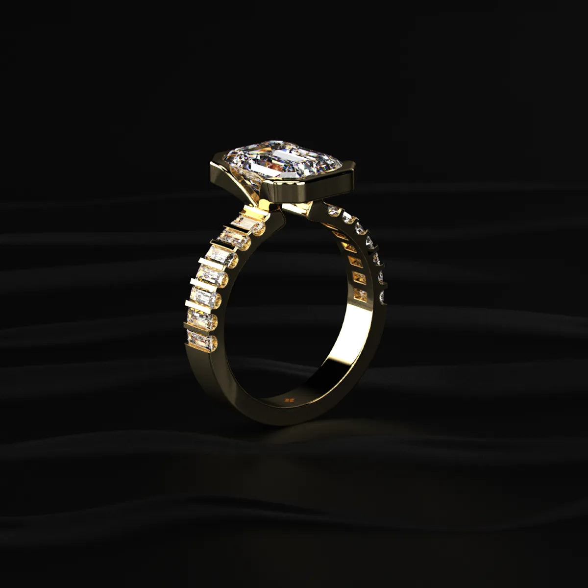 Emerald Half Bezel Ring With Bar Set Baguettes | Earthly Jewels