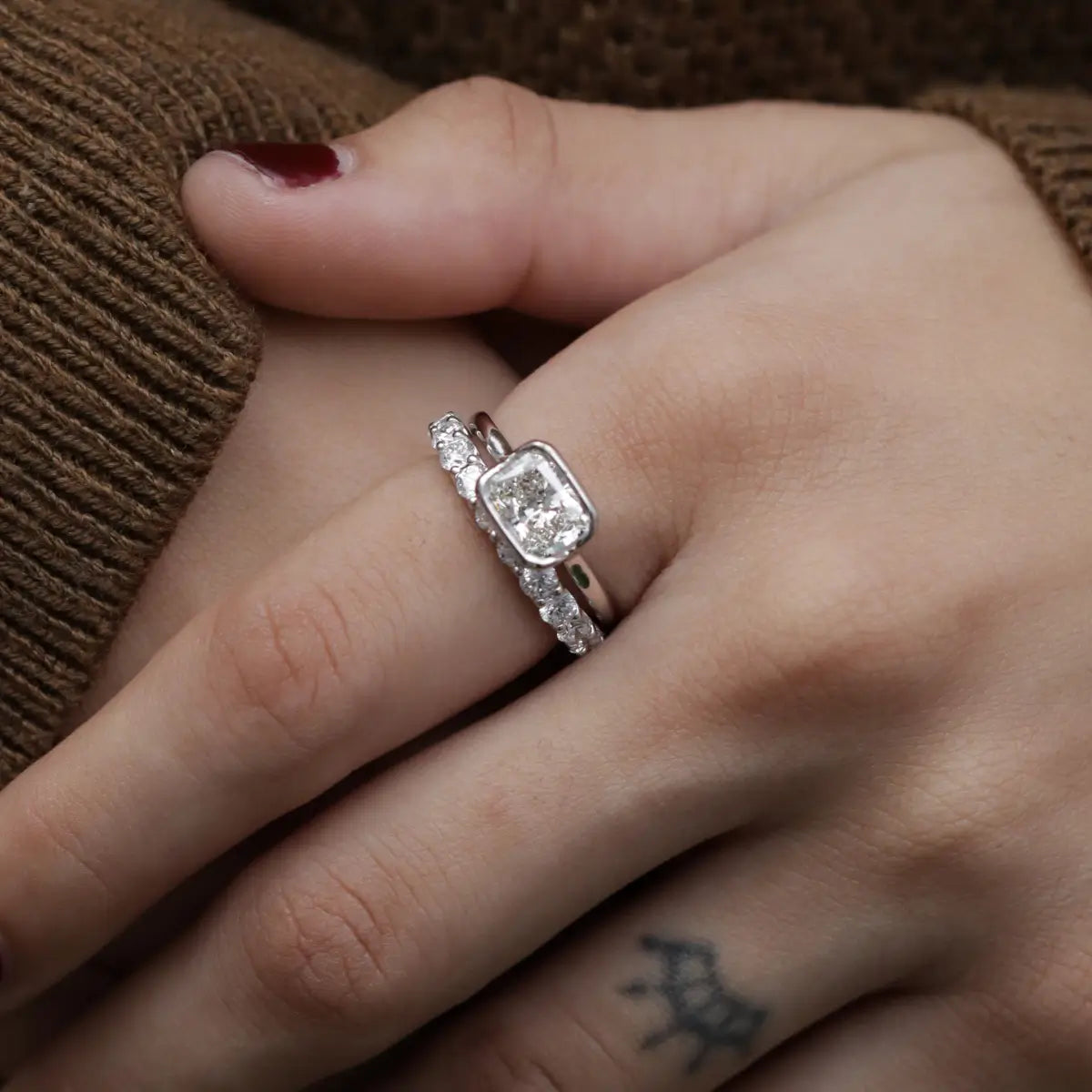 Radiant Cut Diamond Half Bezel East West Ring | Earthly Jewels