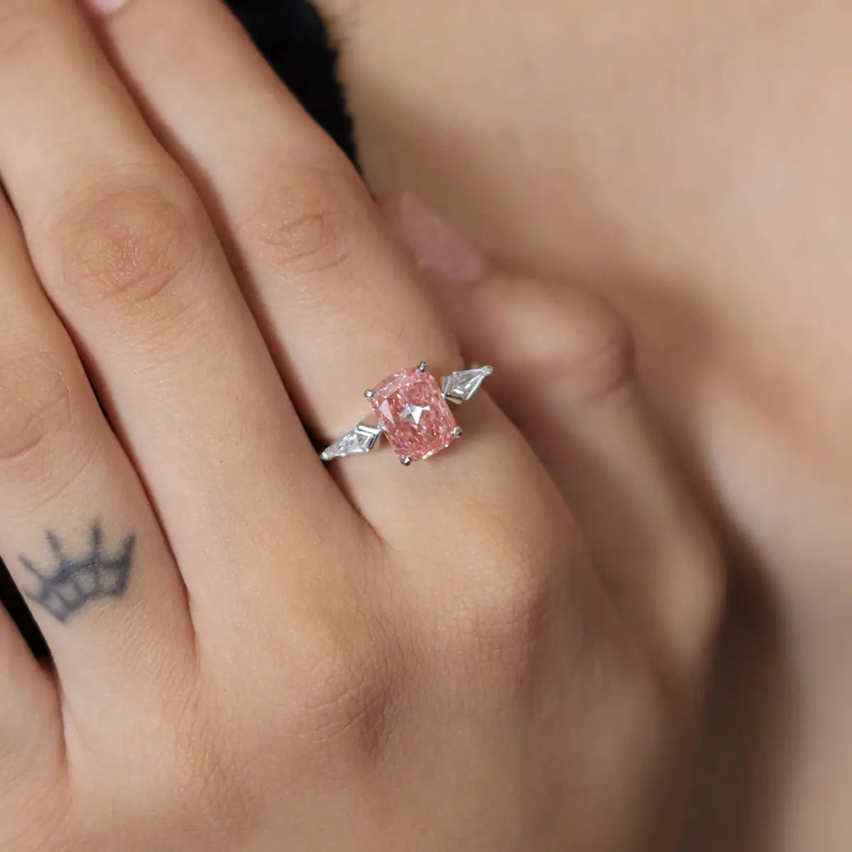 Elongated Cushion Solitaire Ring With Kite-Shaped Side Stones