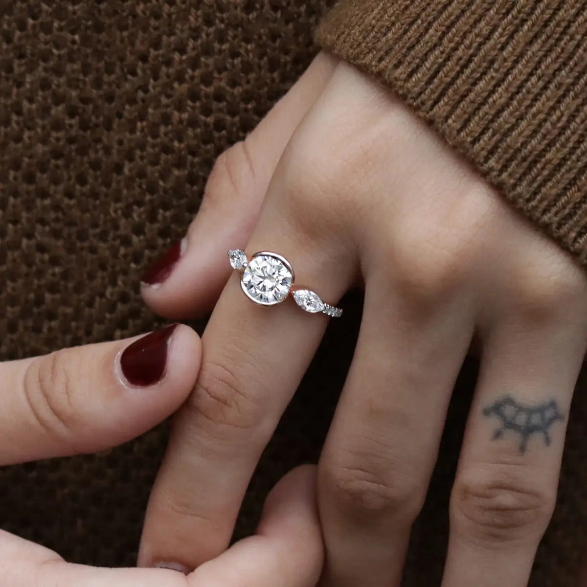 Round Half Bezel Solitaire Ring With Side Stones