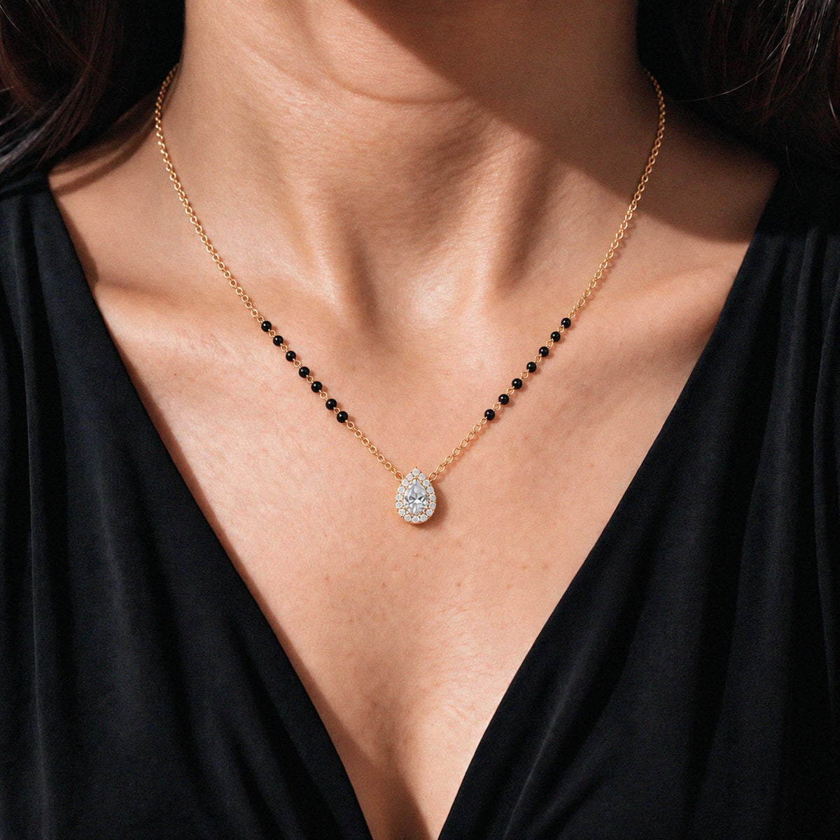 Pear Diamond Halo Mangalsutra | Earthly Jewels | Model Image