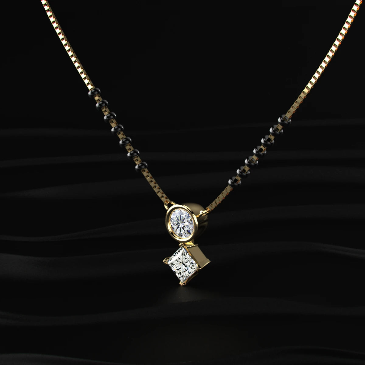 Round And Princess Duo Diamond Mangalsutra | Earthly Jewels