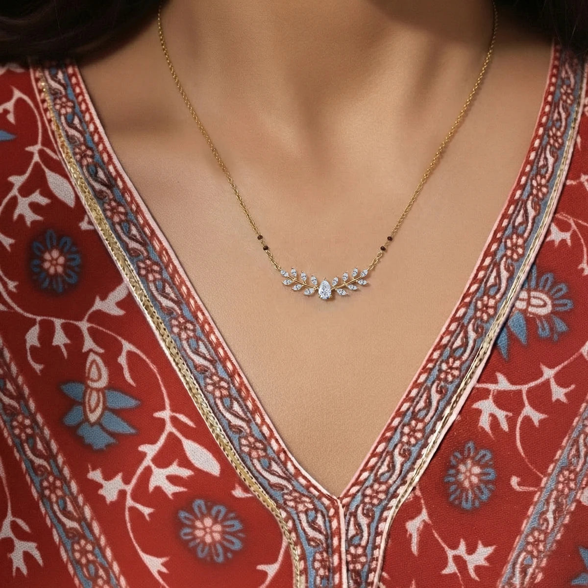 Pear Diamond Marquise Leaf Vine Mangalsutra | Earthly Jewels