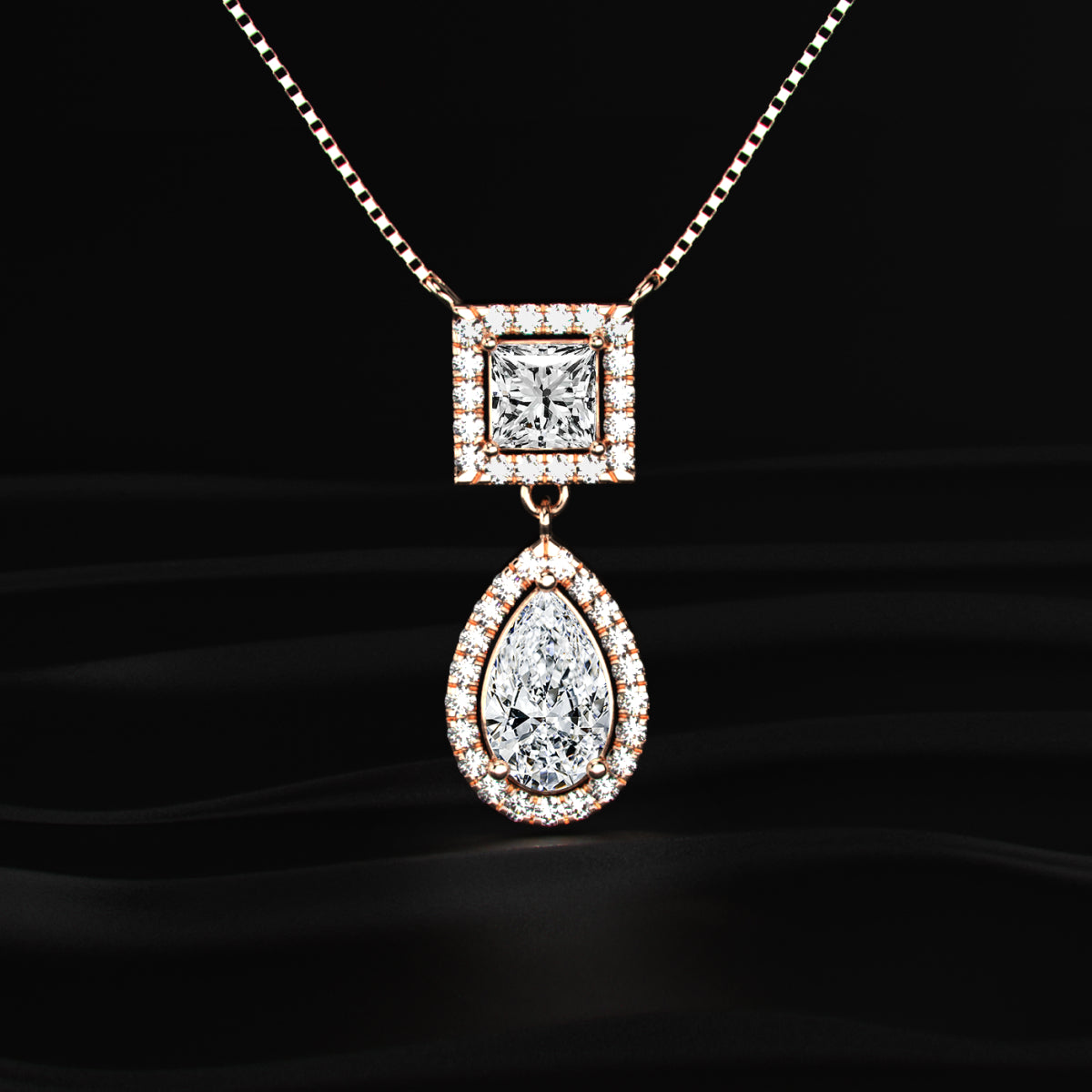 Princess and Pear Cut Diamond Halo Drop Necklace | Earthly jewels