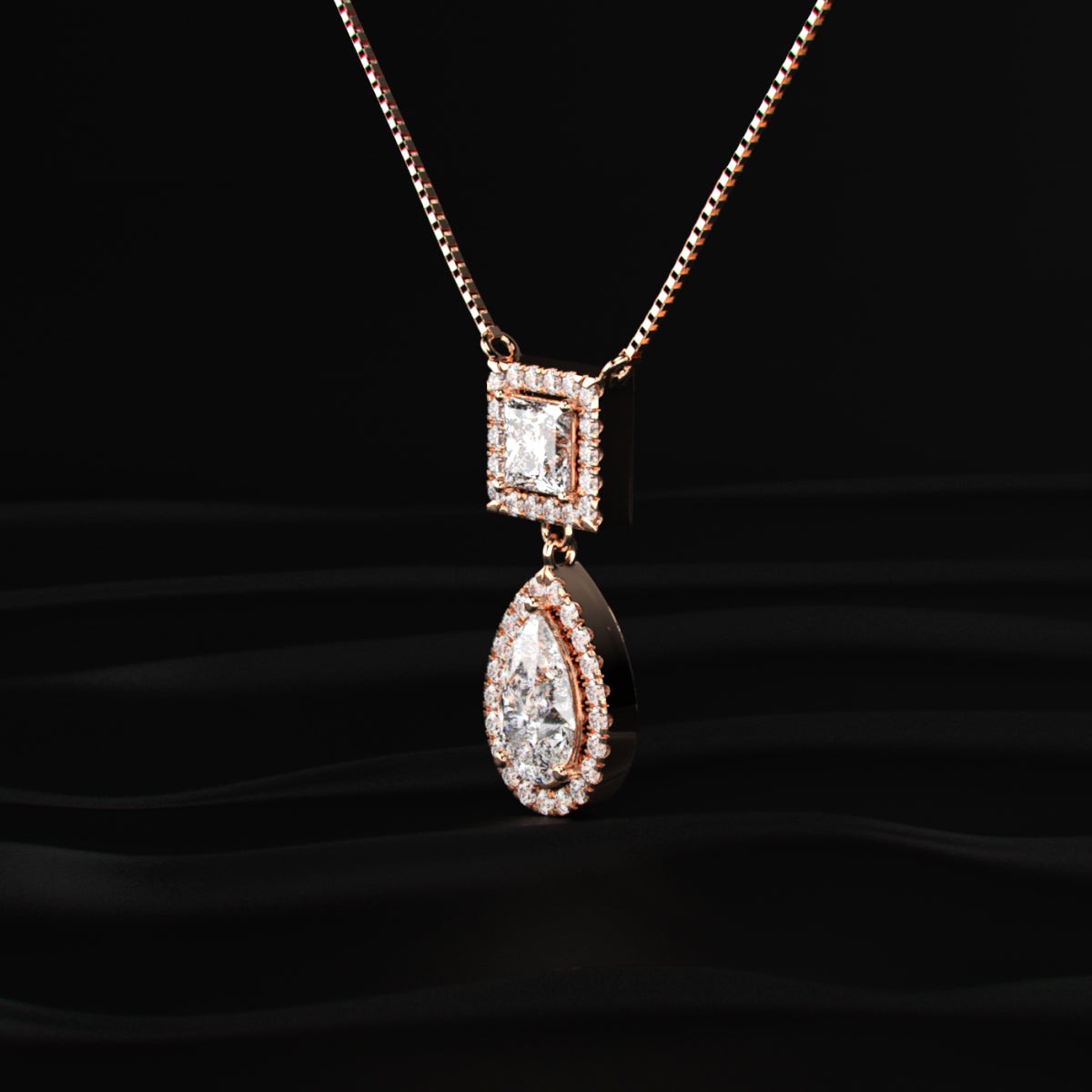 Princess and Pear Cut Diamond Halo Drop Necklace | Earthly jewels