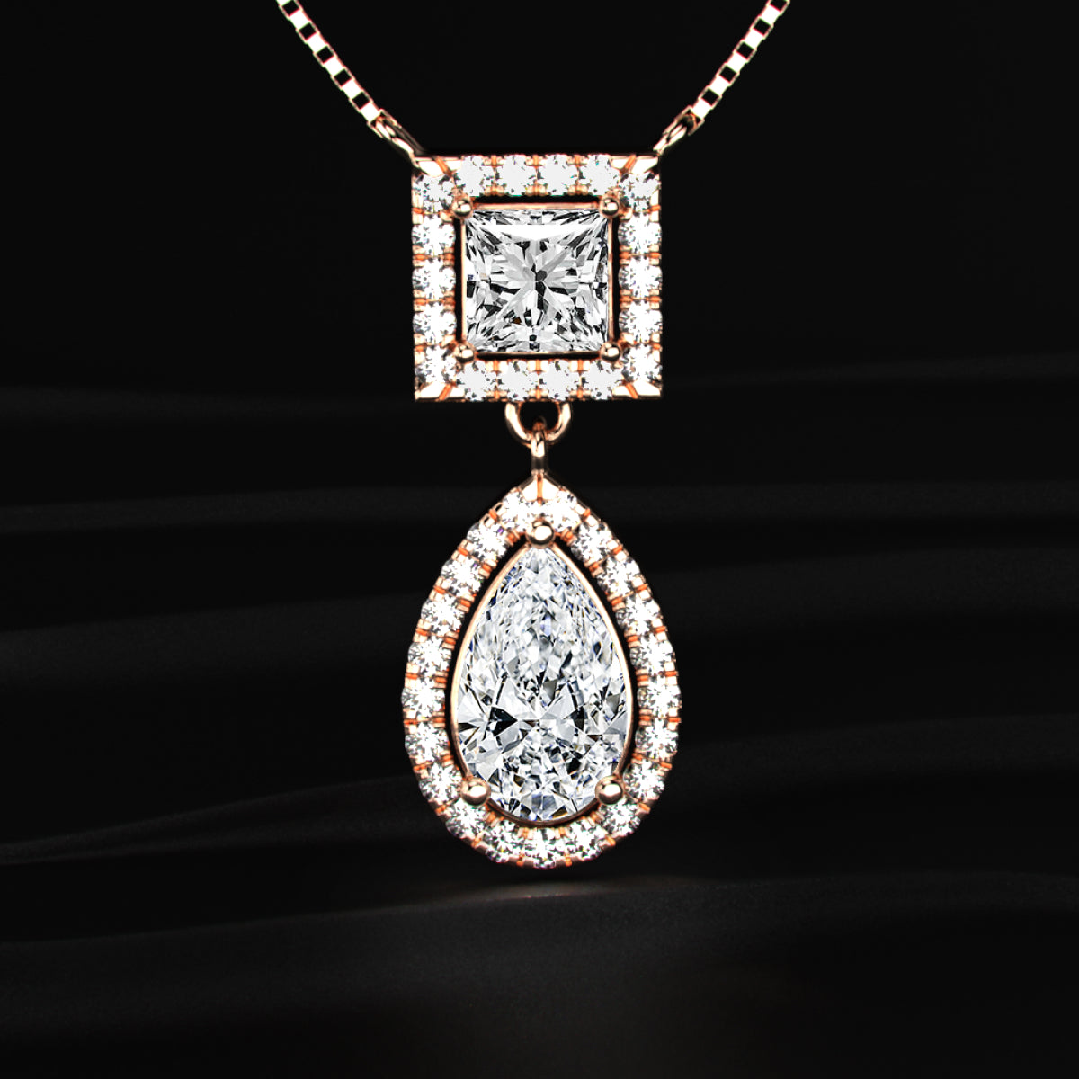 Princess and Pear Cut Diamond Halo Drop Necklace | Earthly jewels