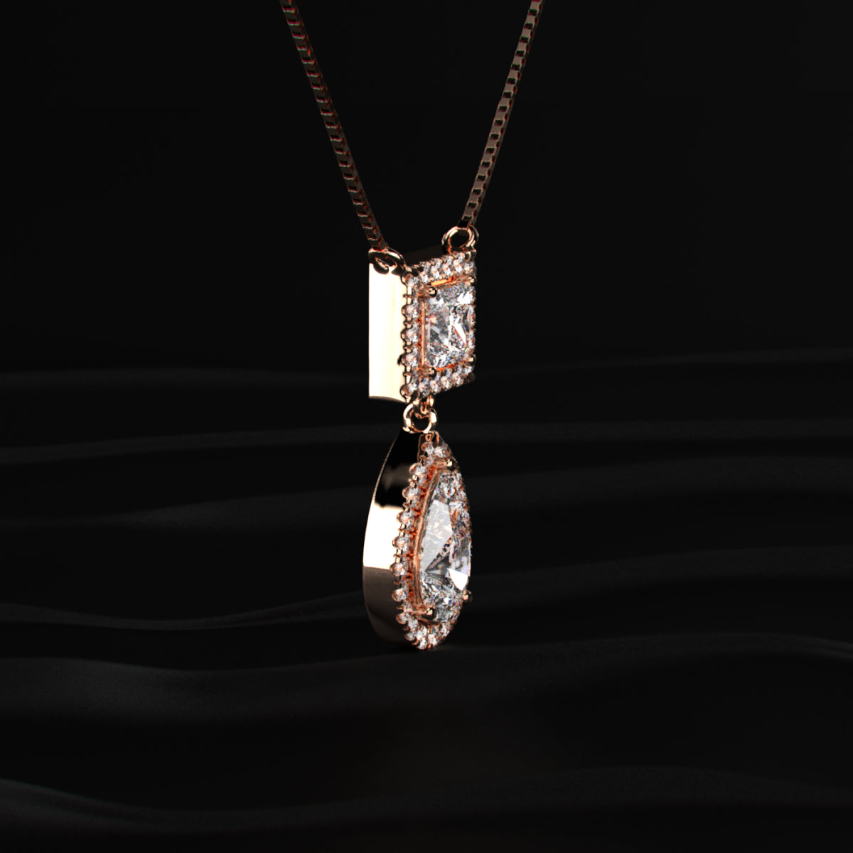 Princess and Pear Cut Diamond Halo Drop Necklace | Earthly jewels