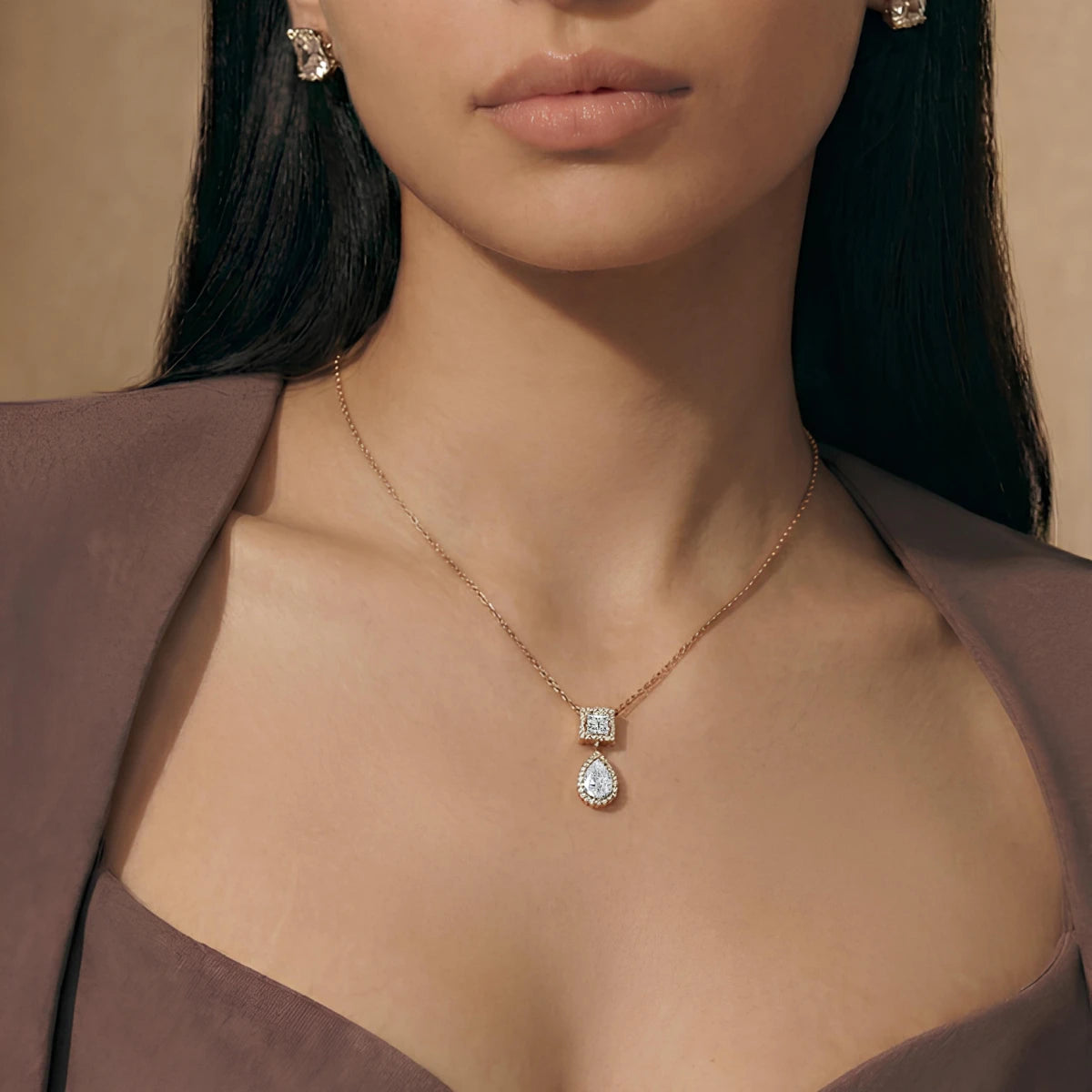 Princess and Pear Cut Diamond Halo Drop Necklace | Earthly jewels