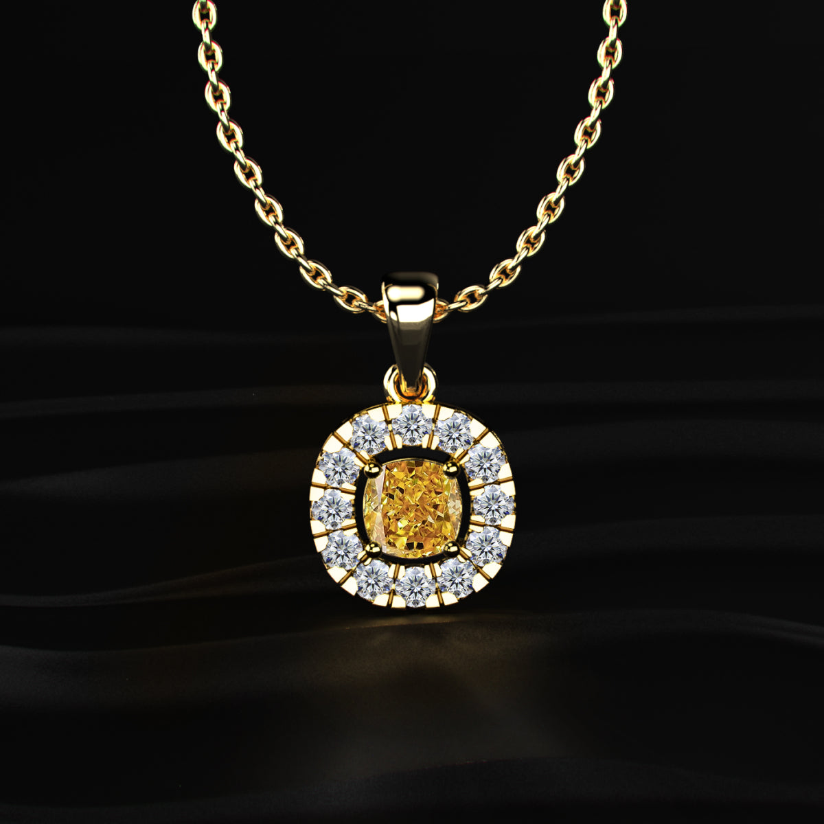 Yellow Cushion Diamond Pendant With Halo | Earthly Jewels