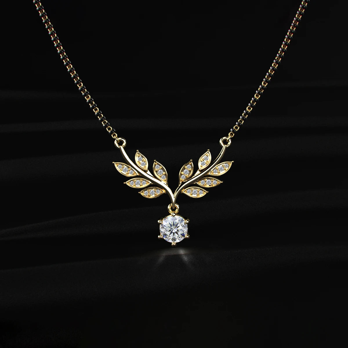 Round Diamond Solitaire Leaf Vine Mangalsutra | Earthly Jewels