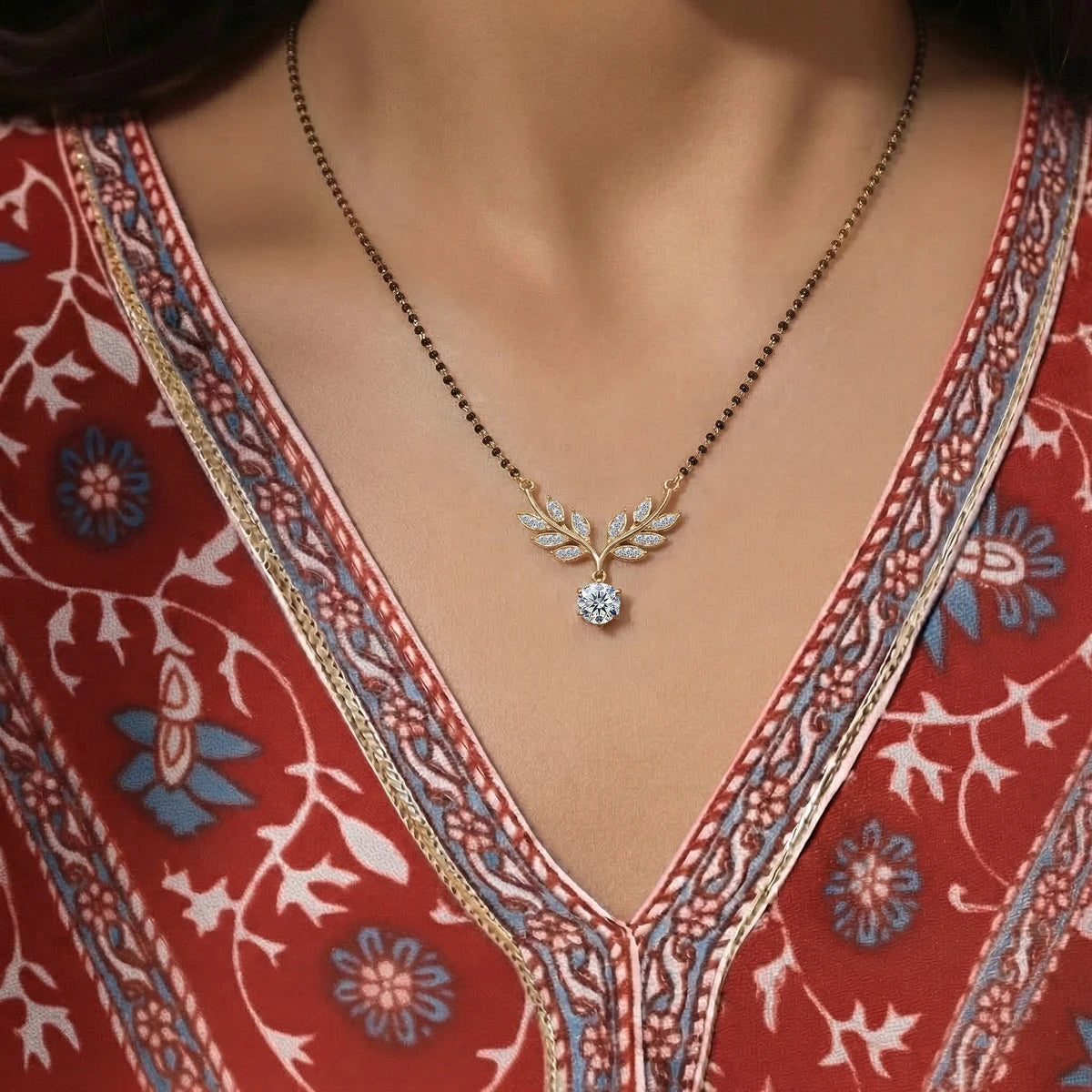 Round Diamond Solitaire Leaf Vine Mangalsutra | Earthly Jewels | Neck Image