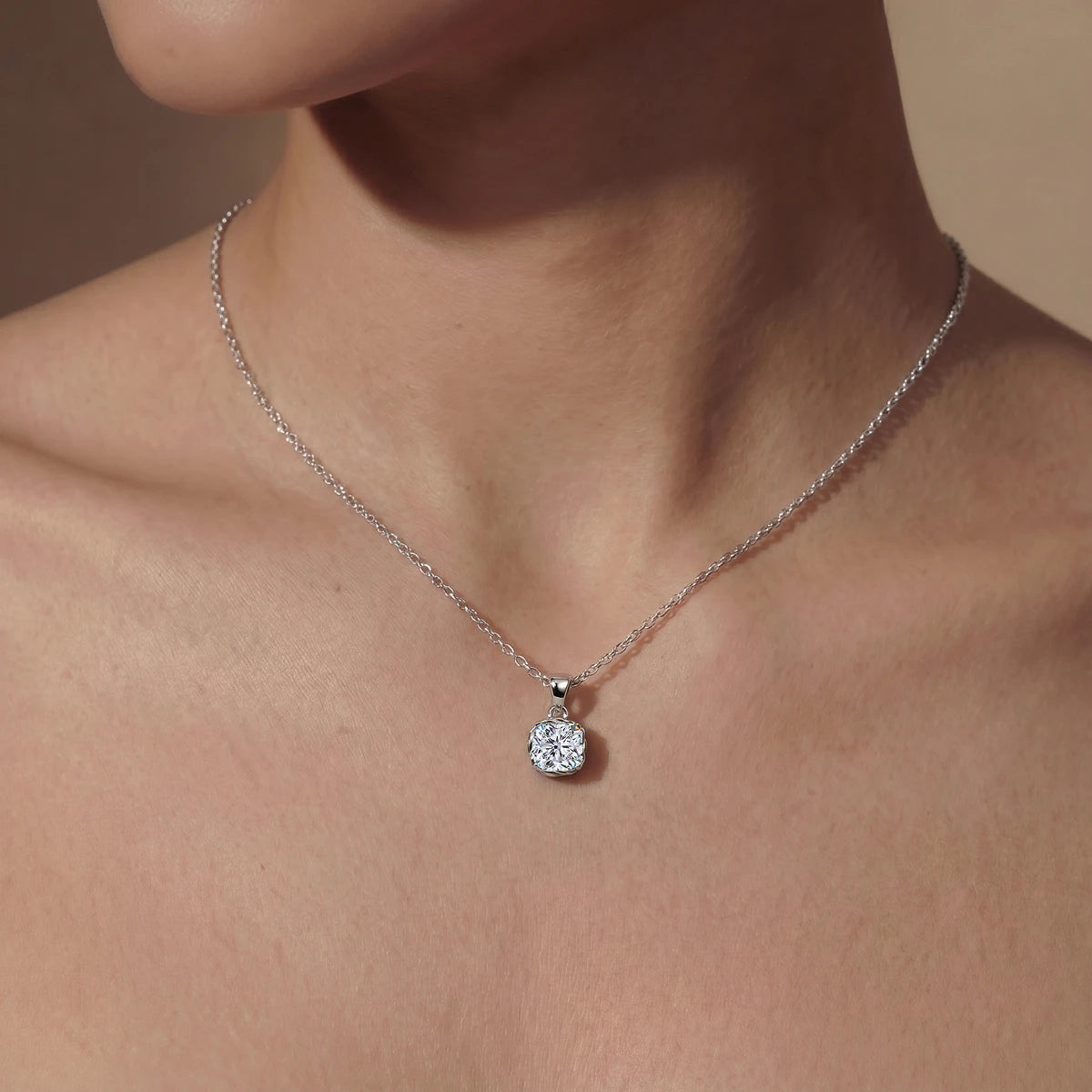 Cushion Cut Diamond Solitaire Pendant | Earthly Jewels | Model Image