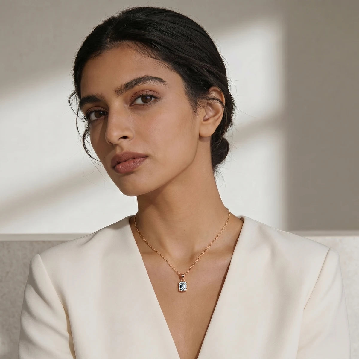 Emerald Cut Diamond Solitaire Pendant | Earthly Jewels | Model Image