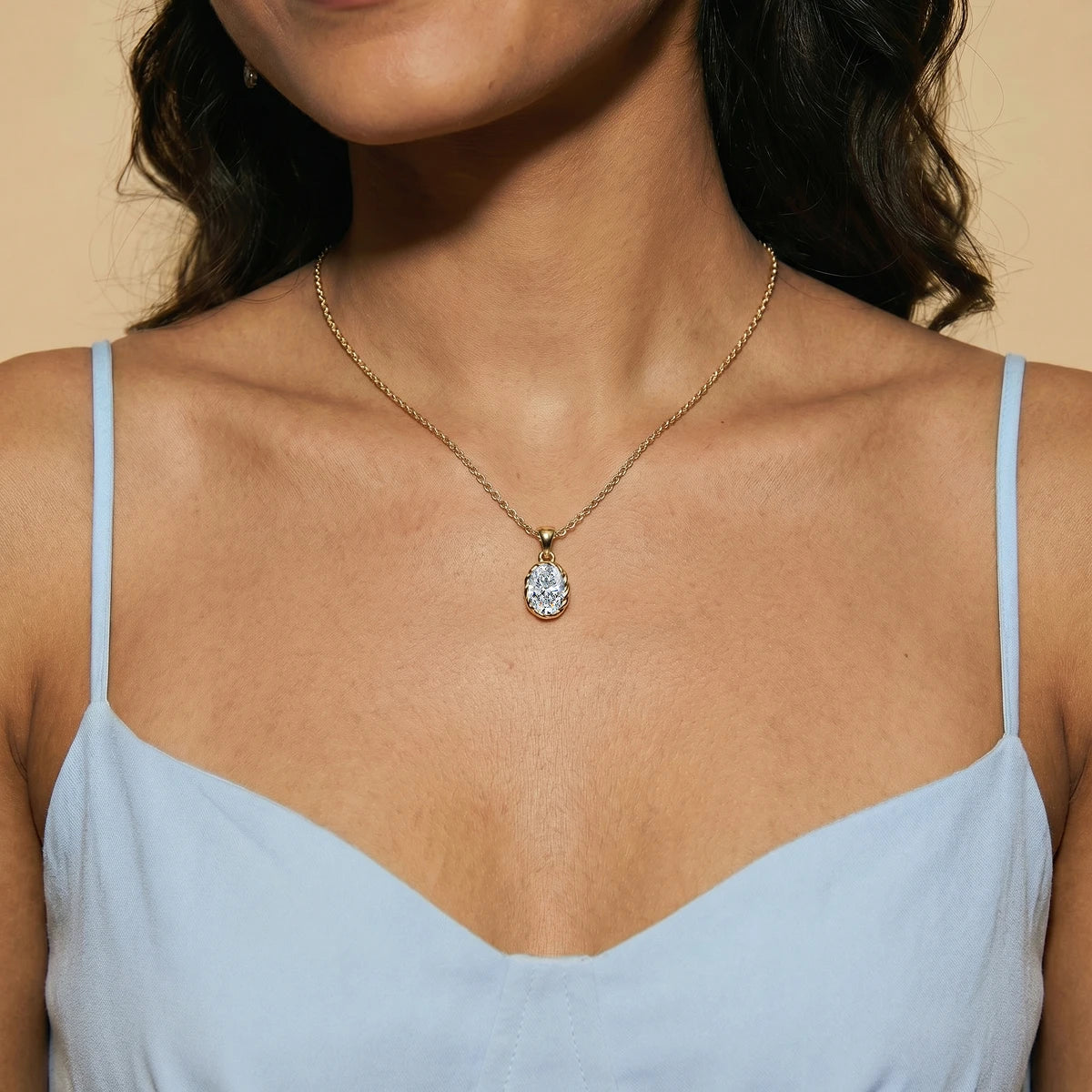 Oval Cut Diamond Solitaire Pendant | Earthly Jewels | Model Image