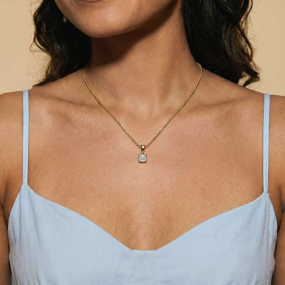 Princess Cut Diamond Solitaire Pendant | Earthly Jewels | Model Image