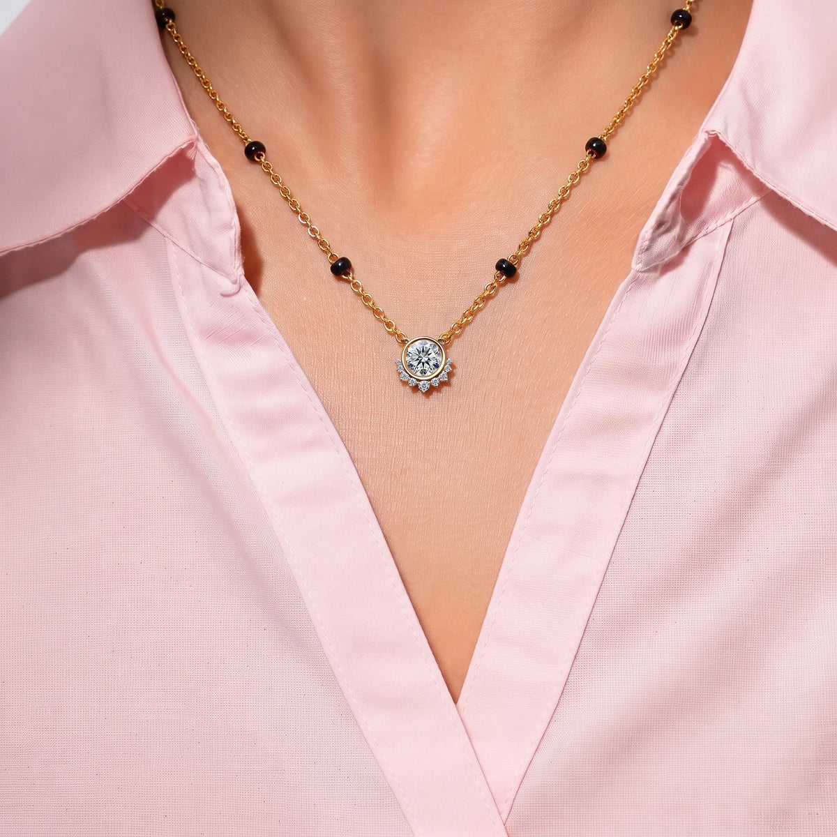 Round Shape Diamond Half Halo Mangalsutra | Earthly Jewels