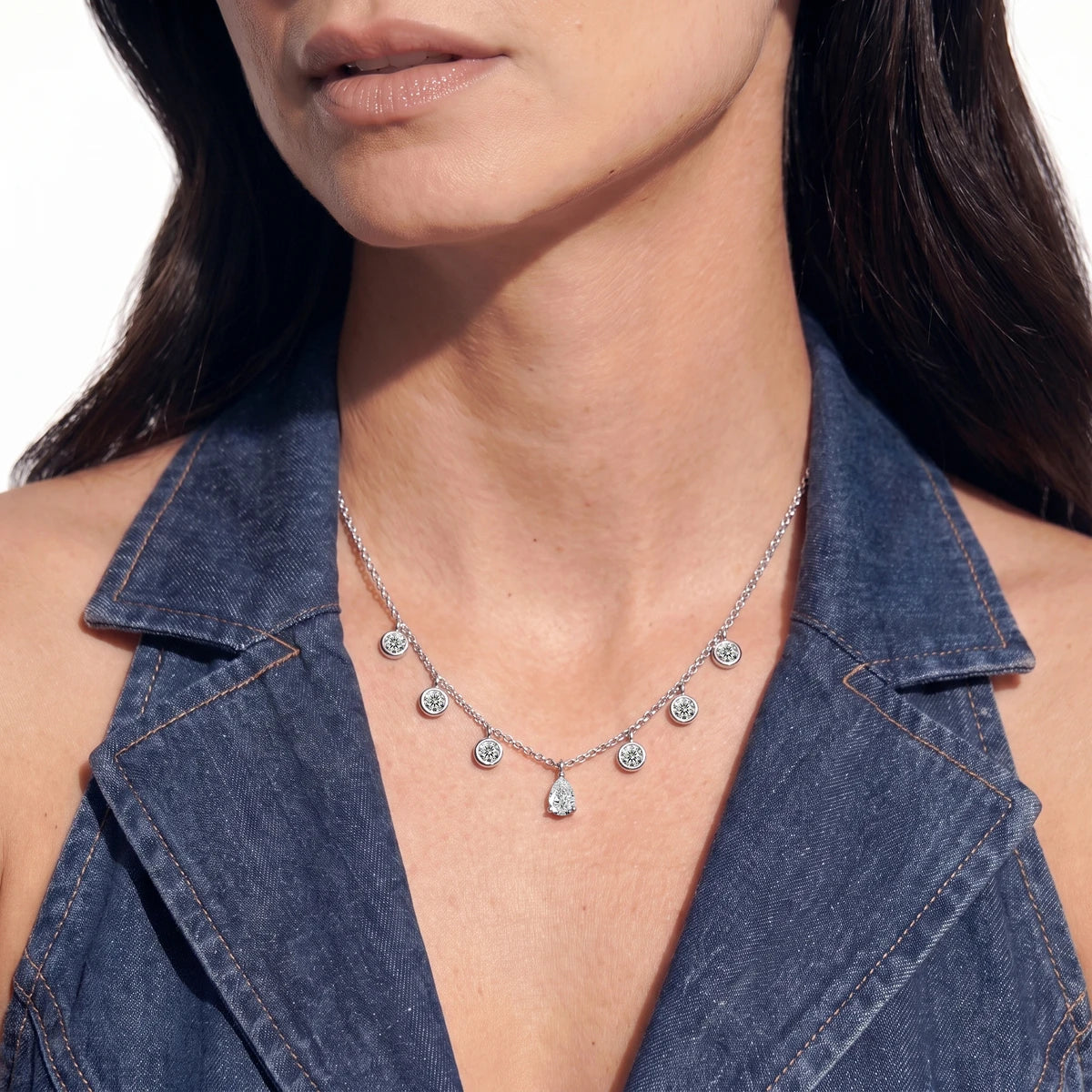 Pear Shape Diamond Drop Necklace | Earthly Jewels | Model Image