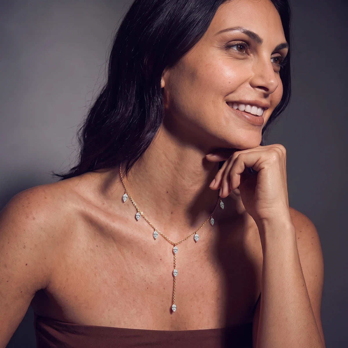 Marquise Cut Diamond Y Necklace | Earthly Jewels | Model Image