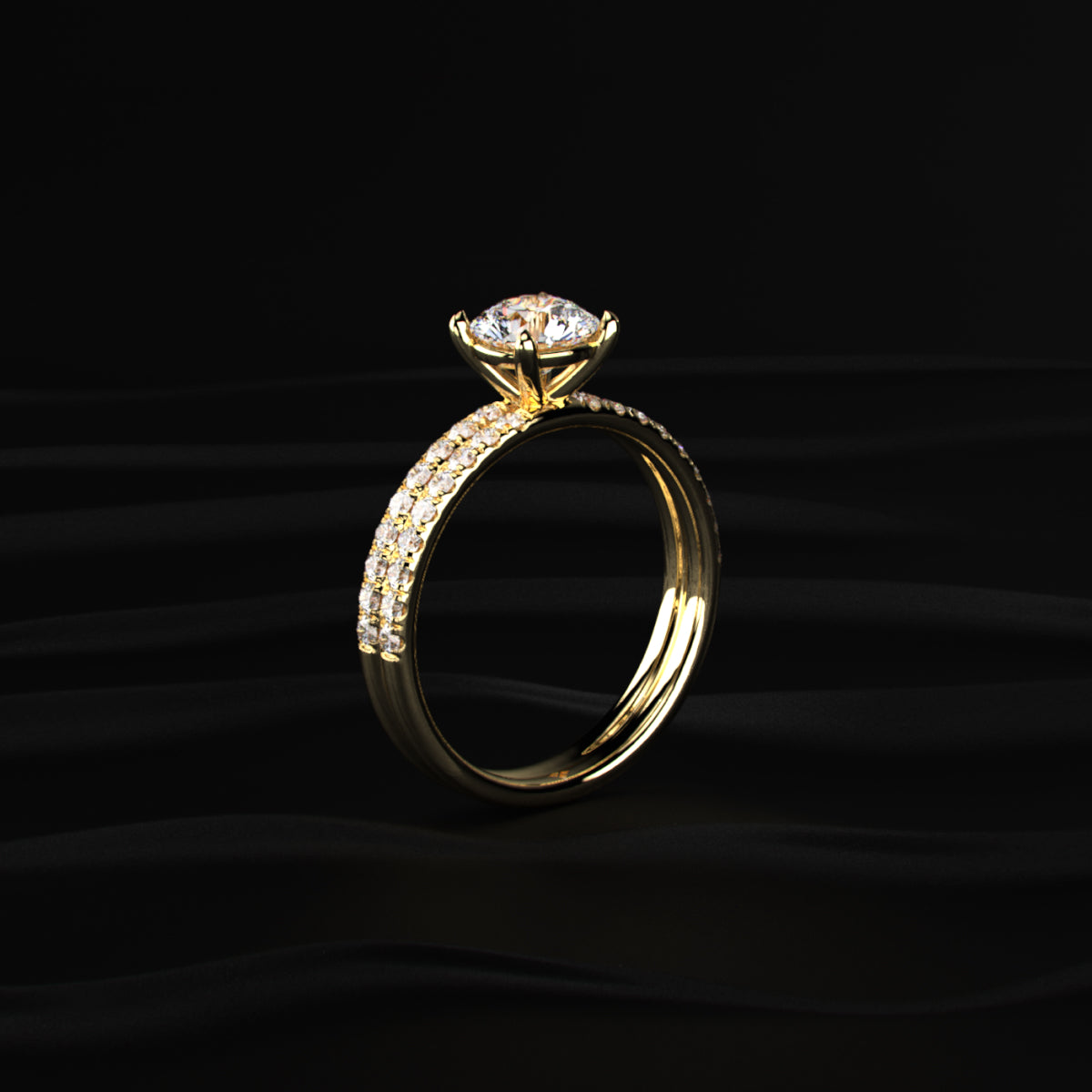 Gold ring with a diamond on a black background