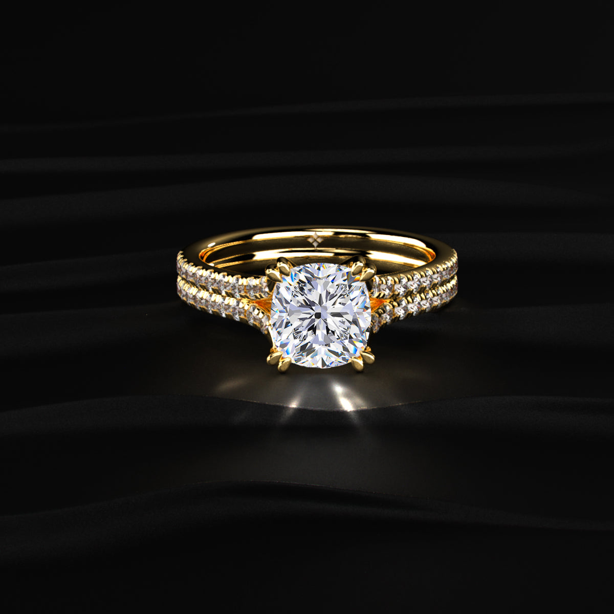 Cushion Cut Dual Split Pave Engagement Ring | Earthly jewels