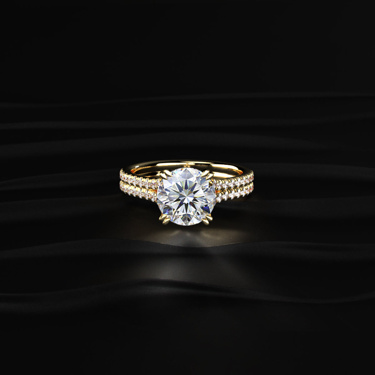 Round Cut Dual Split Pave Engagement Ring