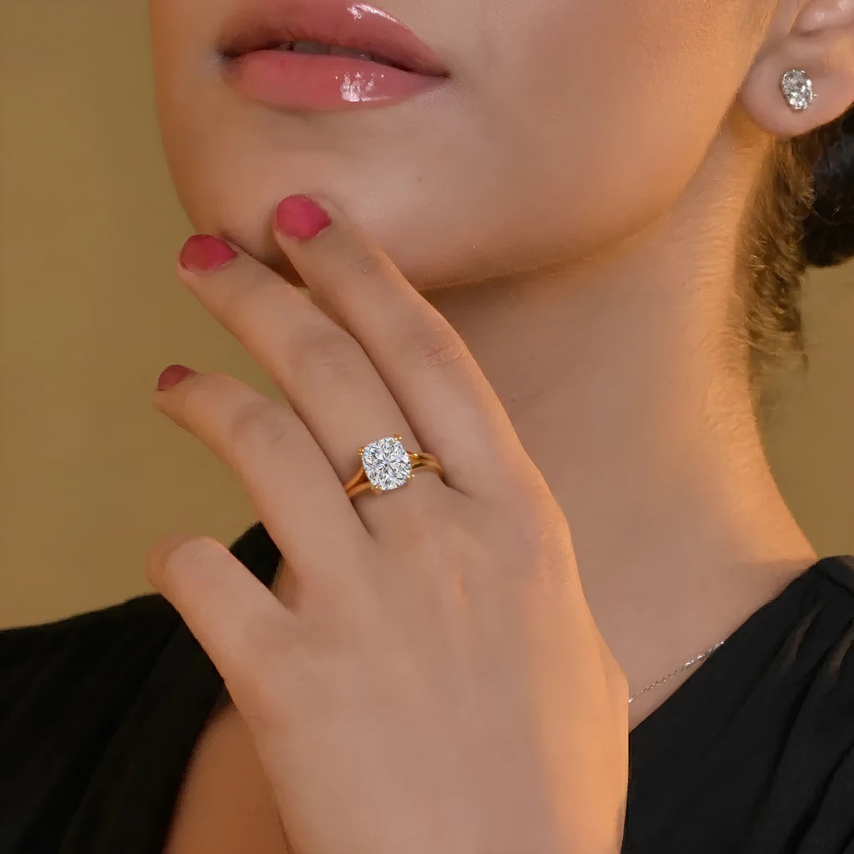 Cushion Solitaire Double Prong Split Shank Engagement Ring | Earthly Jewels | Model image