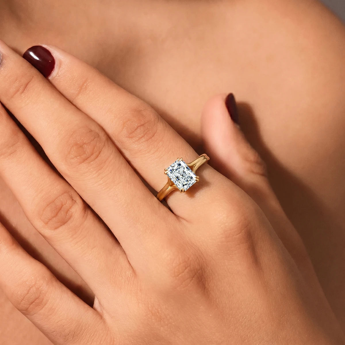 Radiant Solitaire Double Prong Split Shank Engagement Ring | Earthly Jewels | Model Image