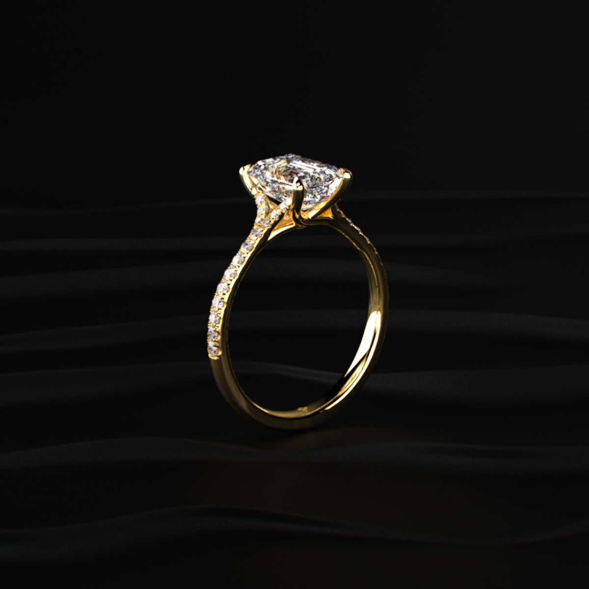 Emerald Cut Split Shank Single Pave Engagement Ring | Earthly Jewels