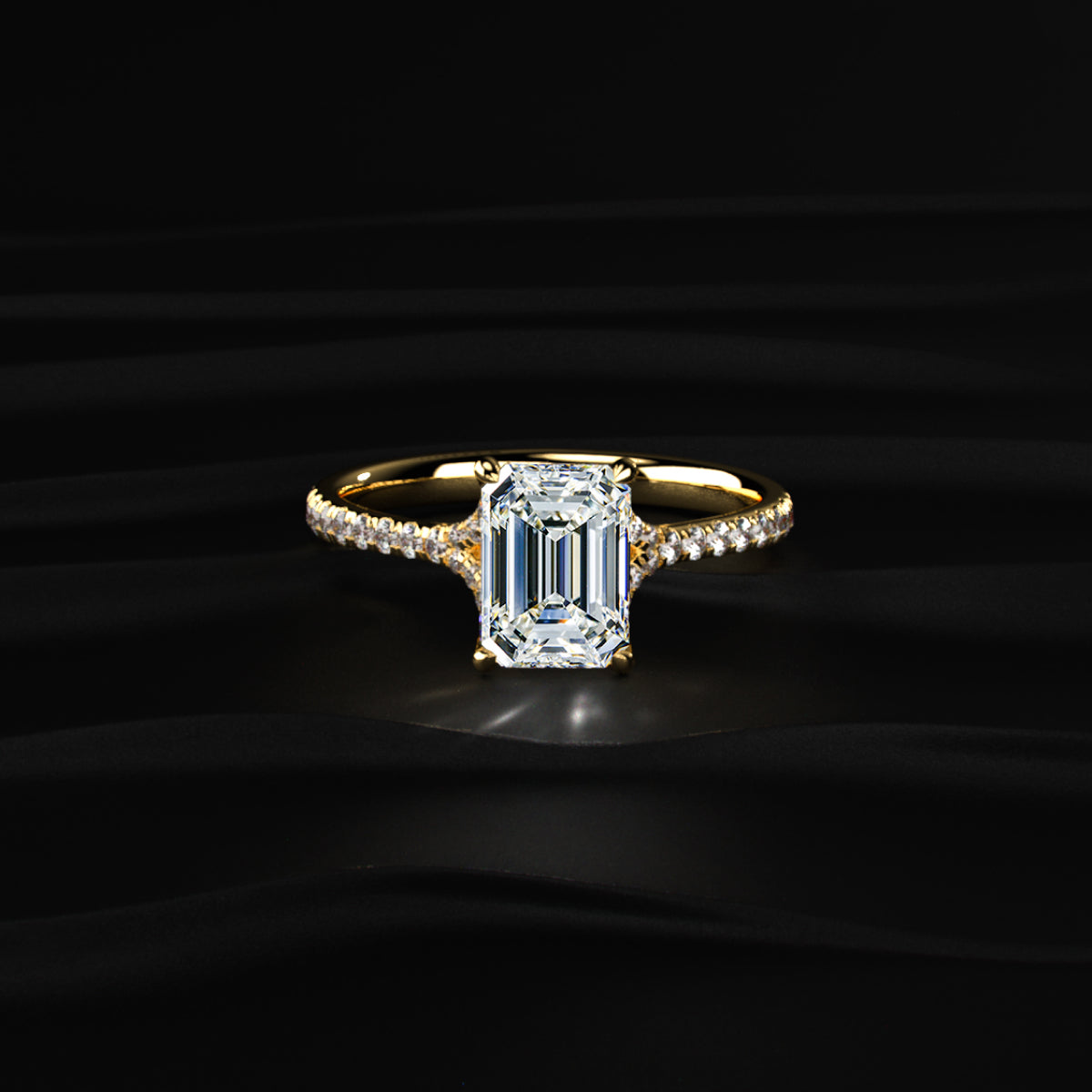 Emerald Cut Split Shank Single Pave Engagement Ring | Earthly Jewels