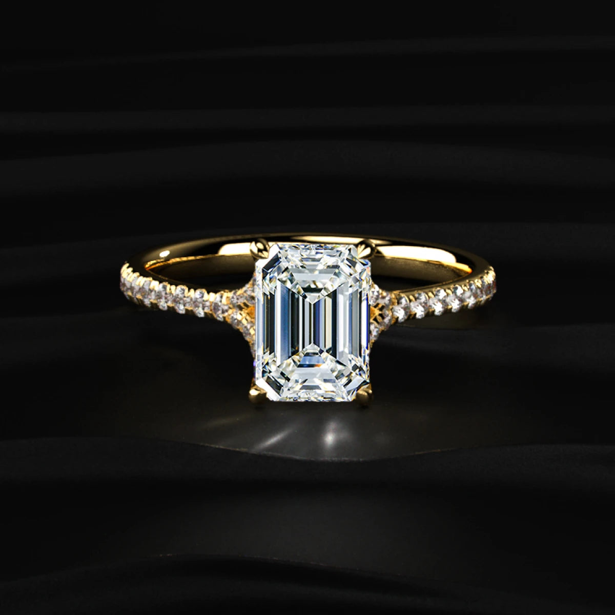Emerald Cut Split Shank Single Pave Engagement Ring | Earthly Jewels