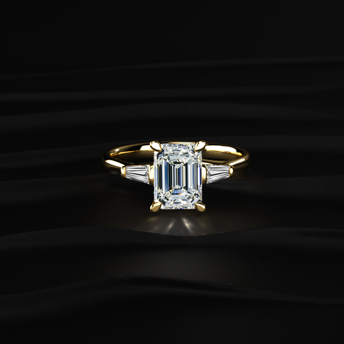 Emerald Solitaire Engagement Ring With Tapered Baguette | Earthly Jewels