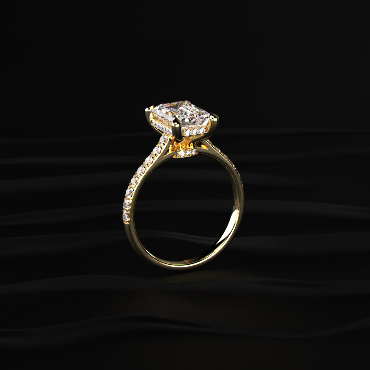 Emerald Shape Solitaire With Double Hidden Halo Ring