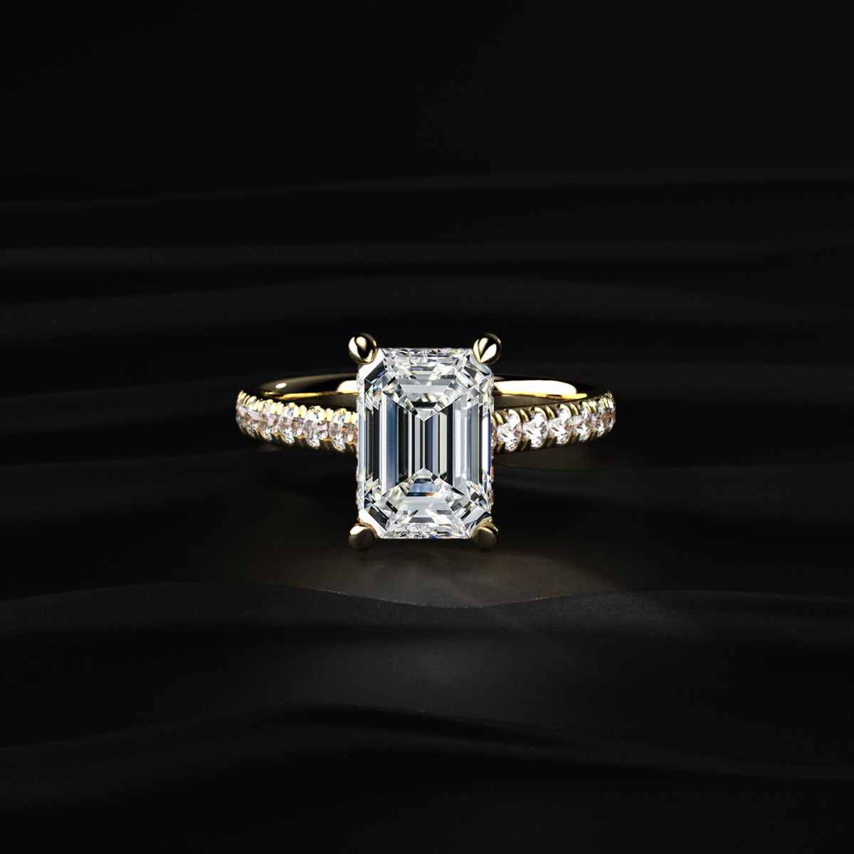 Emerald Shape Solitaire With Double Hidden Halo Ring