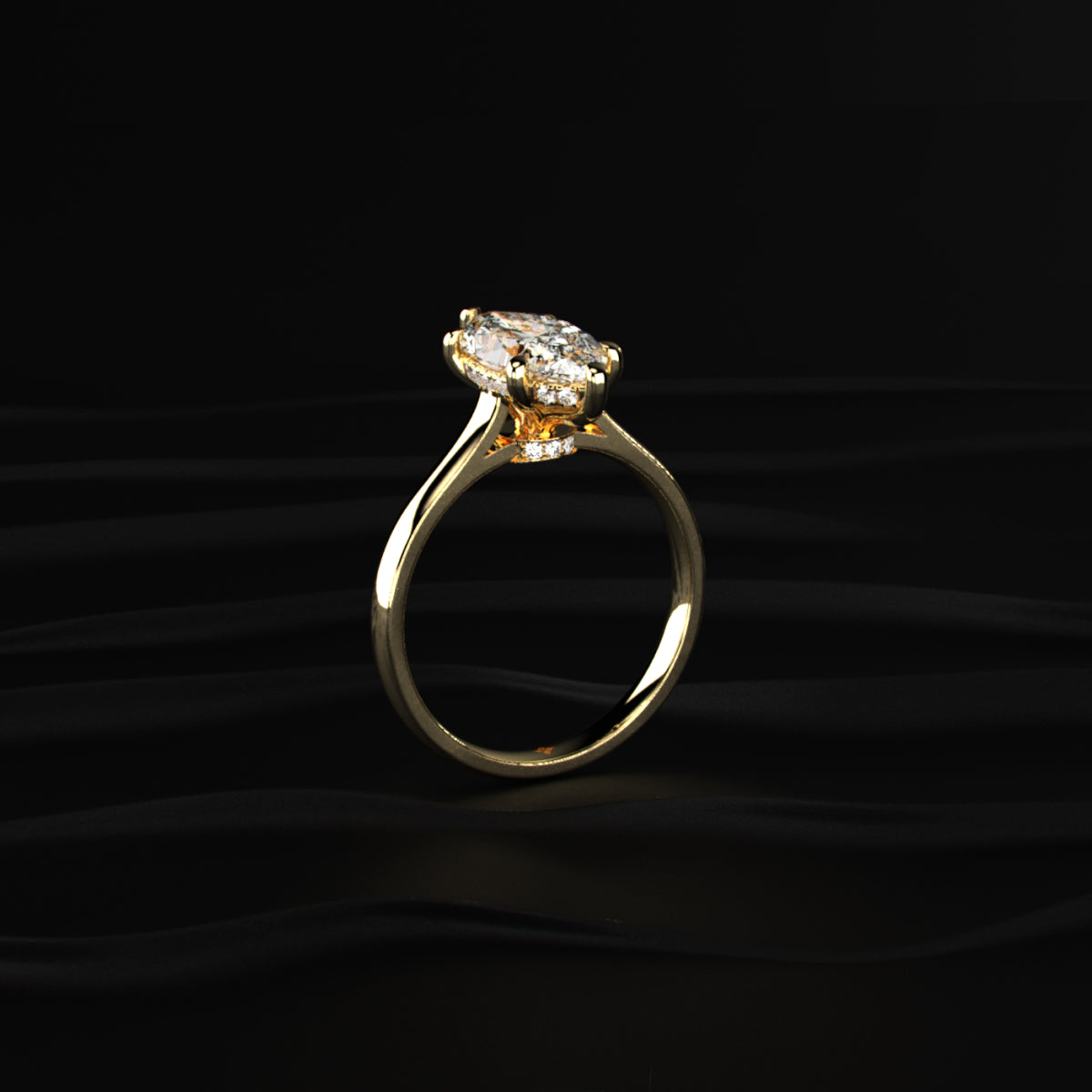 Marquise Solitaire Double Hidden Halo Cathedral Ring
