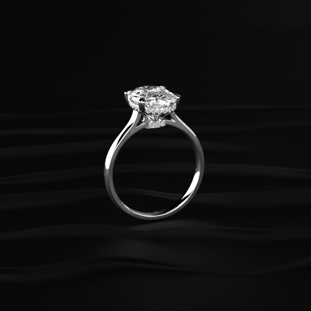 Oval Solitaire Double Hidden Halo Cathedral Ring