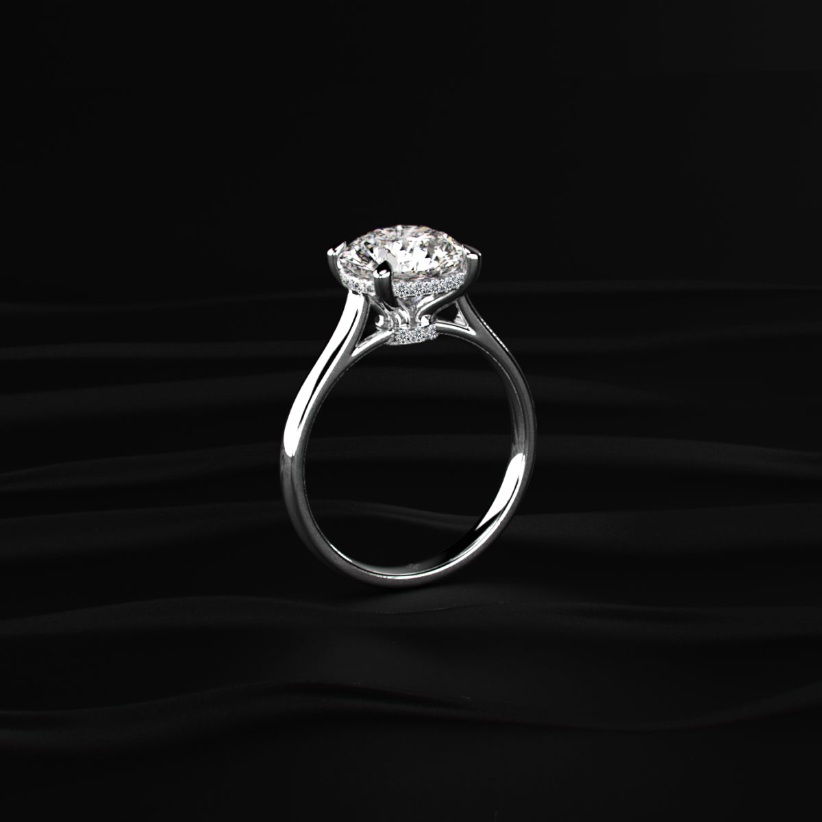 Round Solitaire Double Hidden Halo Cathedral  Ring