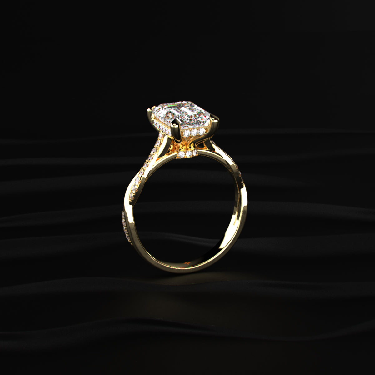 Emerald With Twisted Pave Band & Hidden Halo