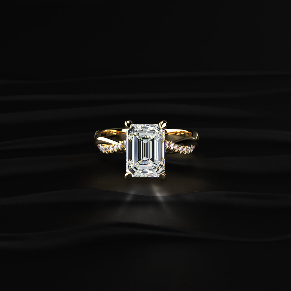 Emerald With Twisted Pave Band & Hidden Halo