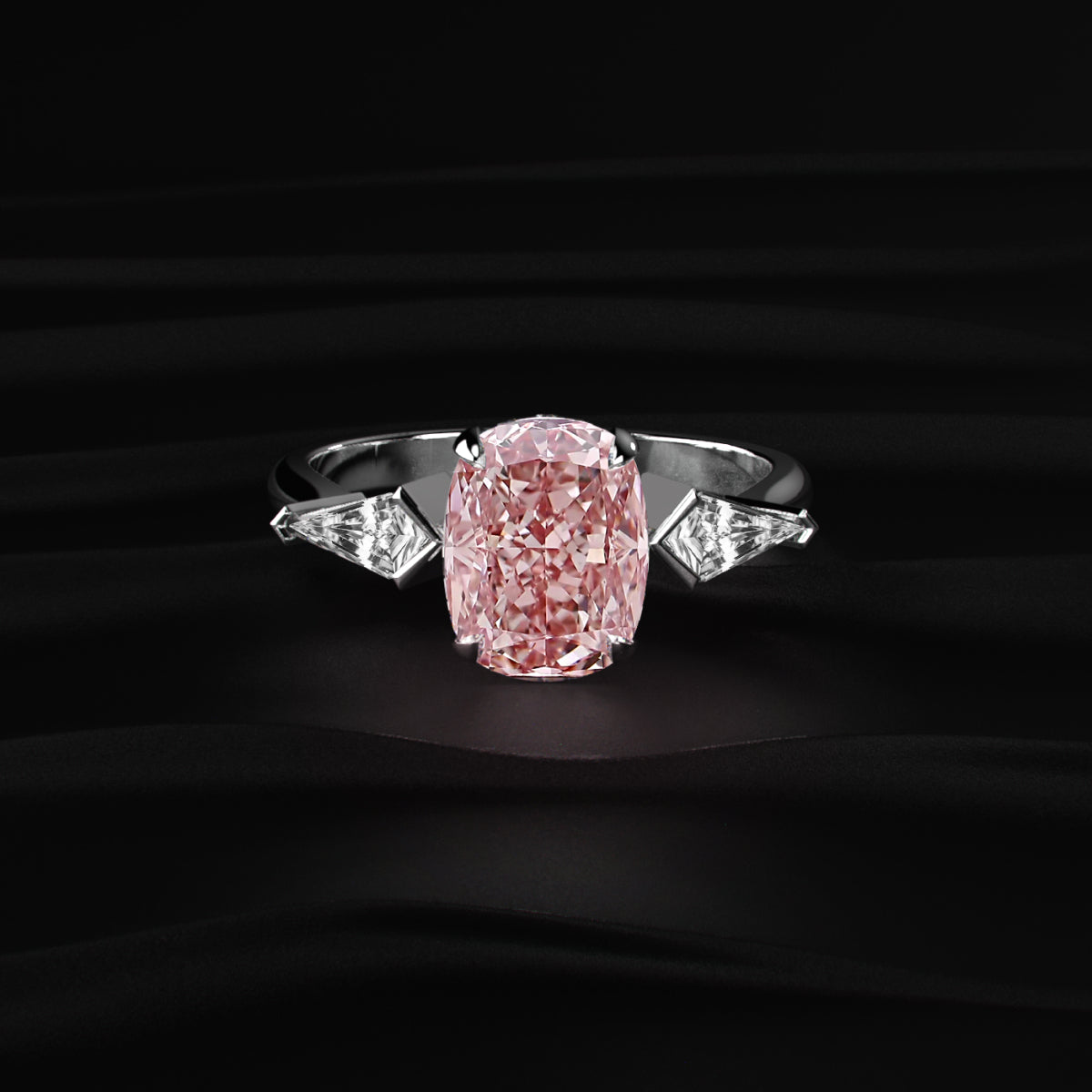 Elongated Cushion Solitaire Ring With Kite-Shaped Side Stones