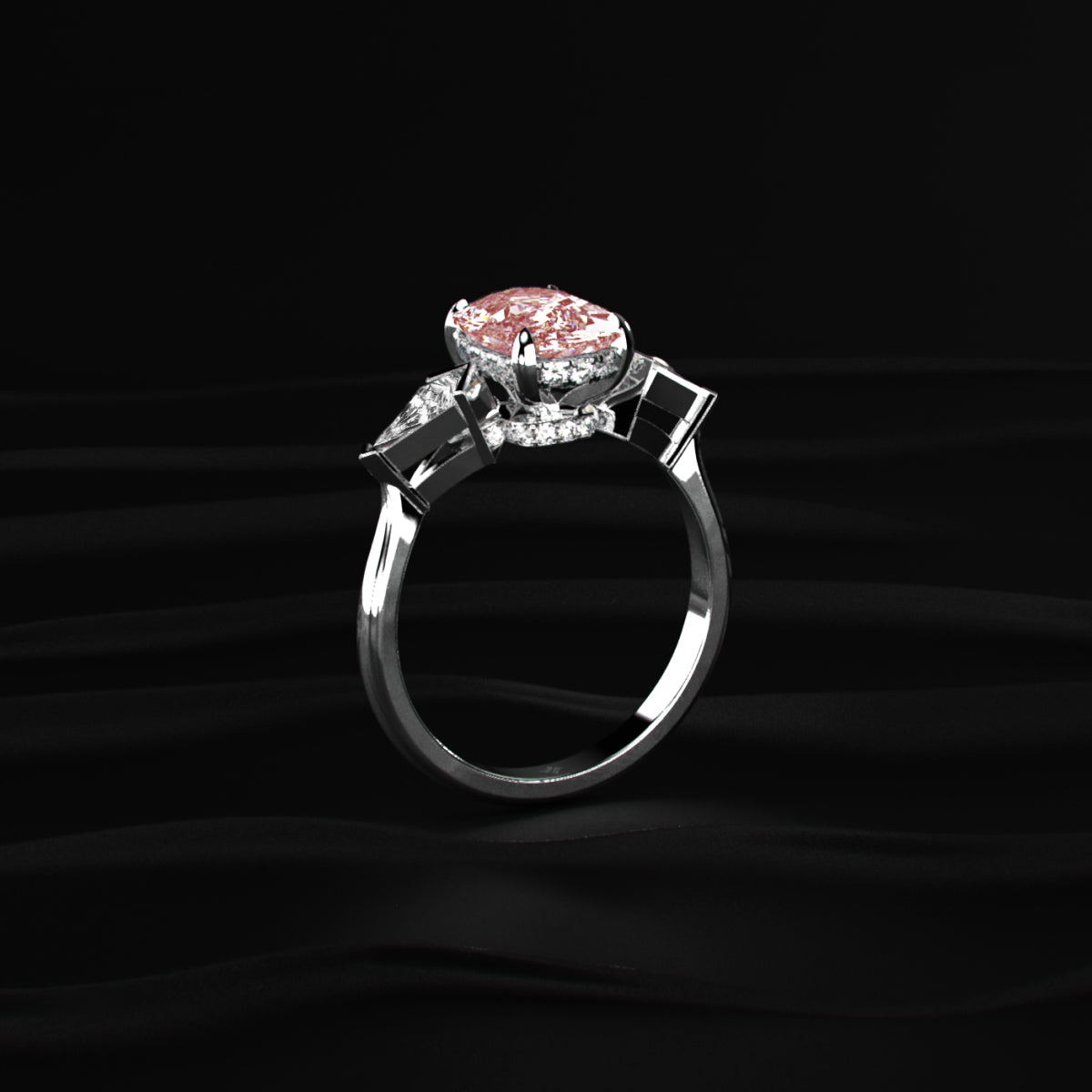 Elongated Cushion Solitaire Ring With Kite-Shaped Side Stones